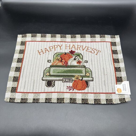 Fall Tapestry Fabric Placemats Set Of 4 Happy Harvest Retro Truck With Pumpkins - Picture 6 of 10